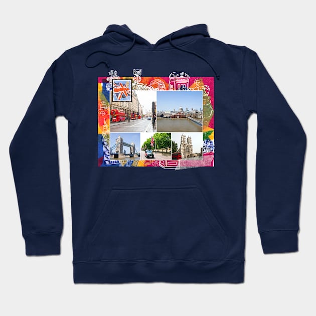 London Collage on Colorful Abstract Background Hoodie by Amourist